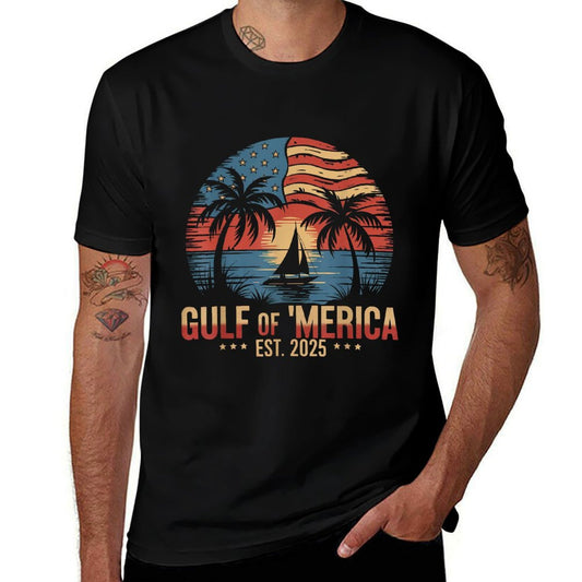 Gulf of &#39;Merica Vintage USA Flag Retro Coastal Sunset Slim-fit Cut T-Shirt