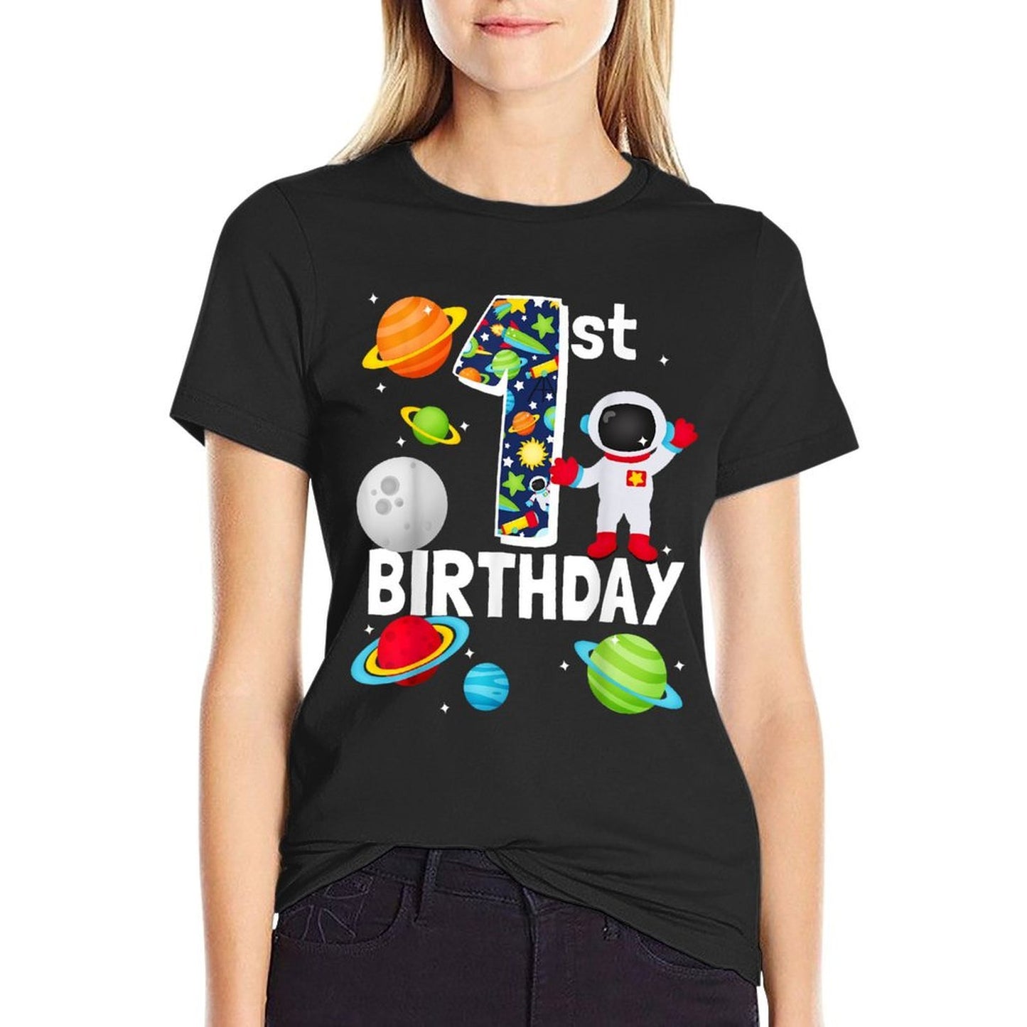 Outer Space 1 Year Old Toddler Bday Party My 1st Birthday  Fade-proof Color T-Shirt