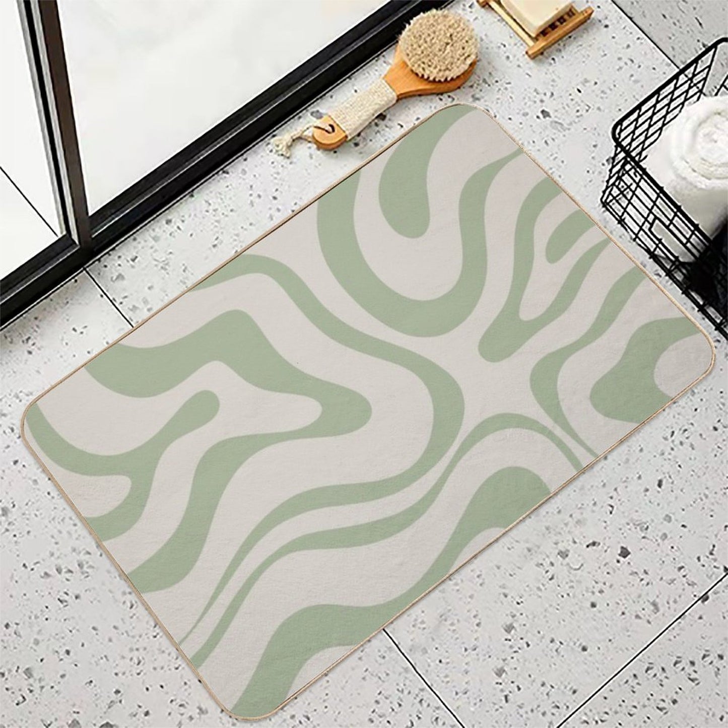 Liquid Swirl Abstract Pattern in Beige And Sage Green Durable Bath Mat