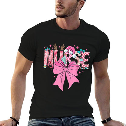 Coquette Nurse Christmas Nursing Pink Tone Bow Xmas Plaid  Heathered Texture T-Shirt