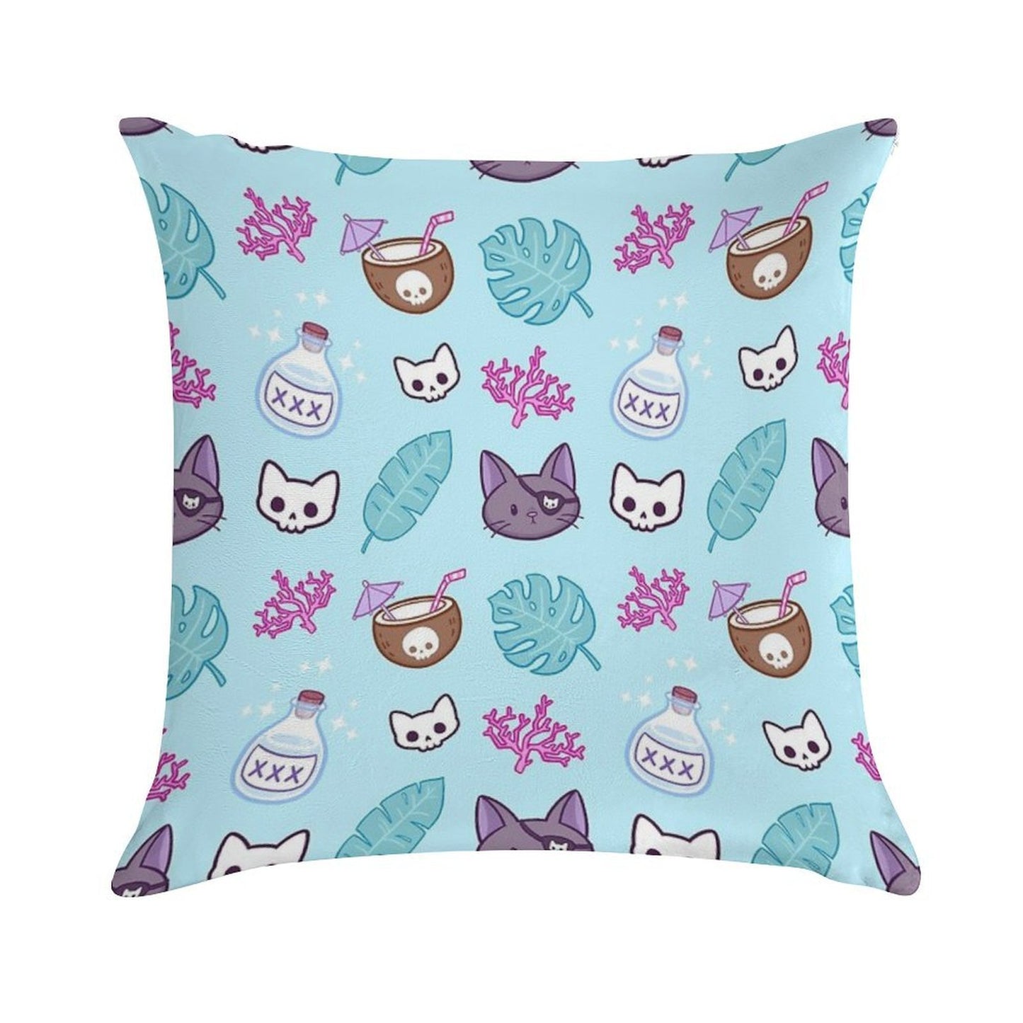 Pirate Cat  Turquoise  Nikury Soft Short Plush Fabric Throw Pillow