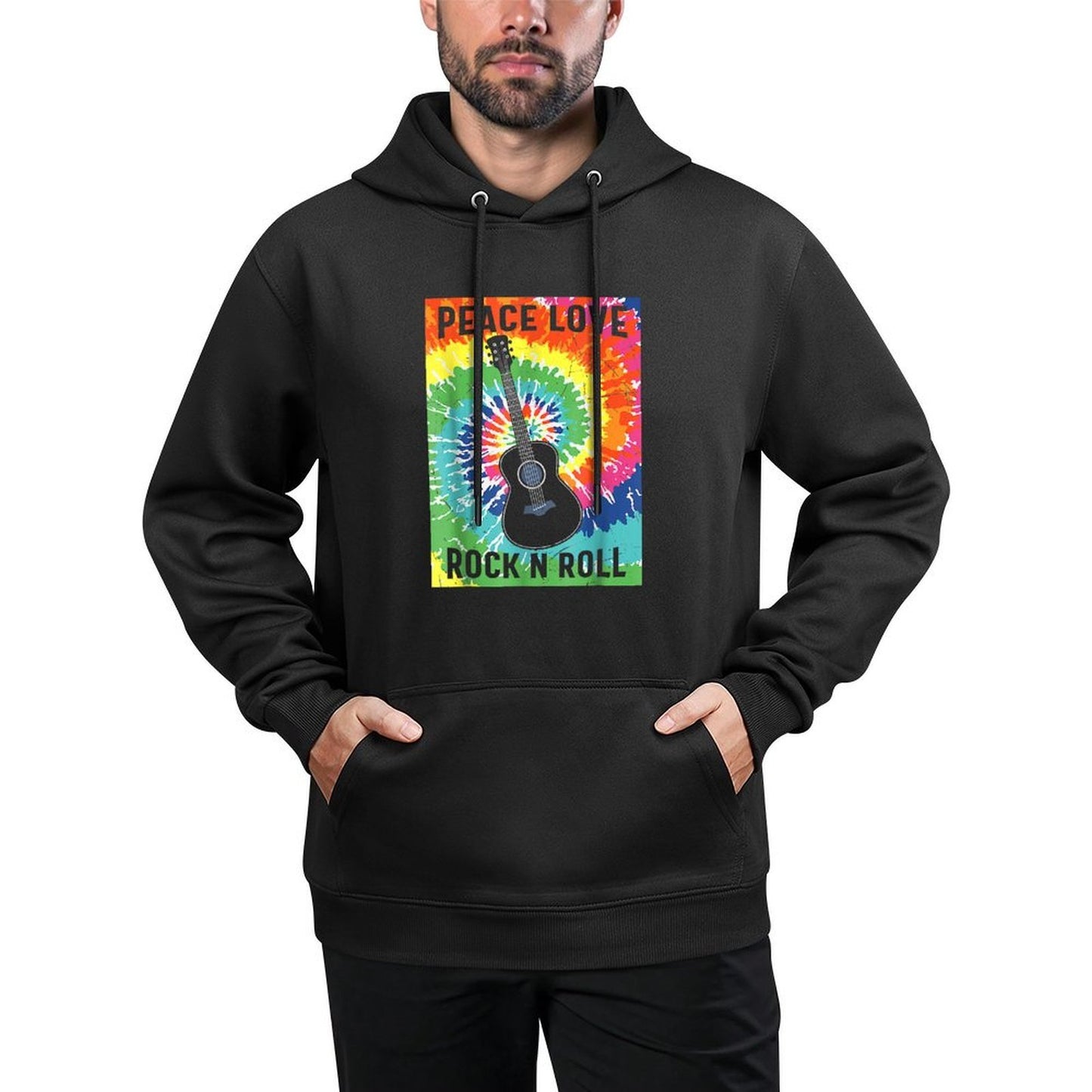 Peace Love Rock N Roll Tie Dye Hippie Guitar Music Retro Adjustable Hood Hoodie