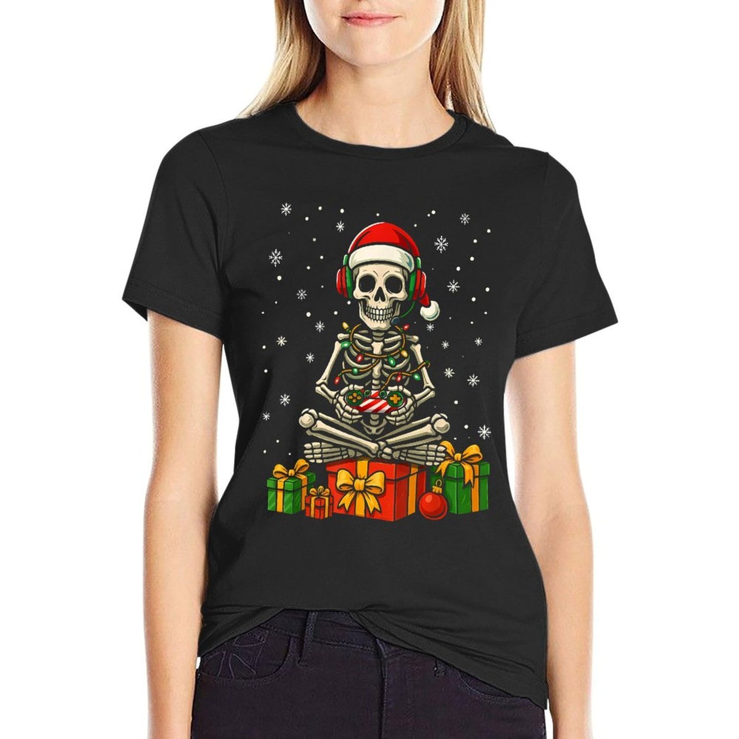 Funny Skeleton Game Controller Xmas Lights Men Women Kids PJ  Cotton T-Shirt