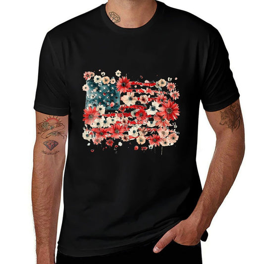 Floral American 4th of July Watercolor Vintage USA Summer-ready Fabric T-Shirt