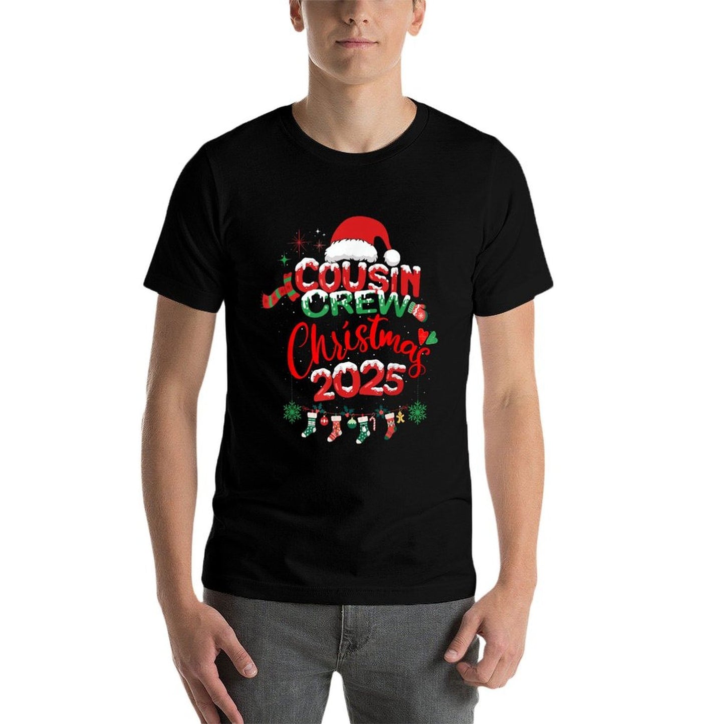 Merry Christmas Cousin Crew 2025 Family Matching Xmas 2025  Ribbed Collar T-Shirt