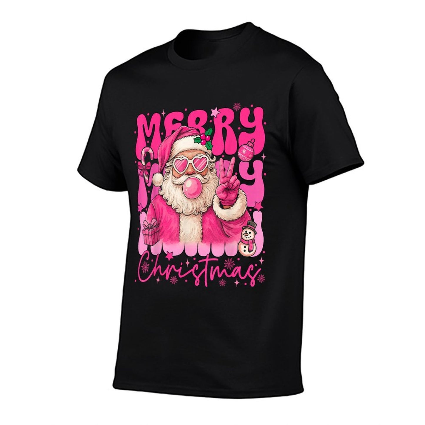Merry Christmas Pink Santa Claus Blowing Bubble Gum Xmas  Trendy Pattern T-Shirt