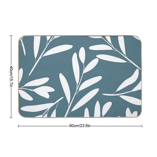 Floral Leaves Botanical Pattern, White on Teal  Multi-Purpose Bath Mat