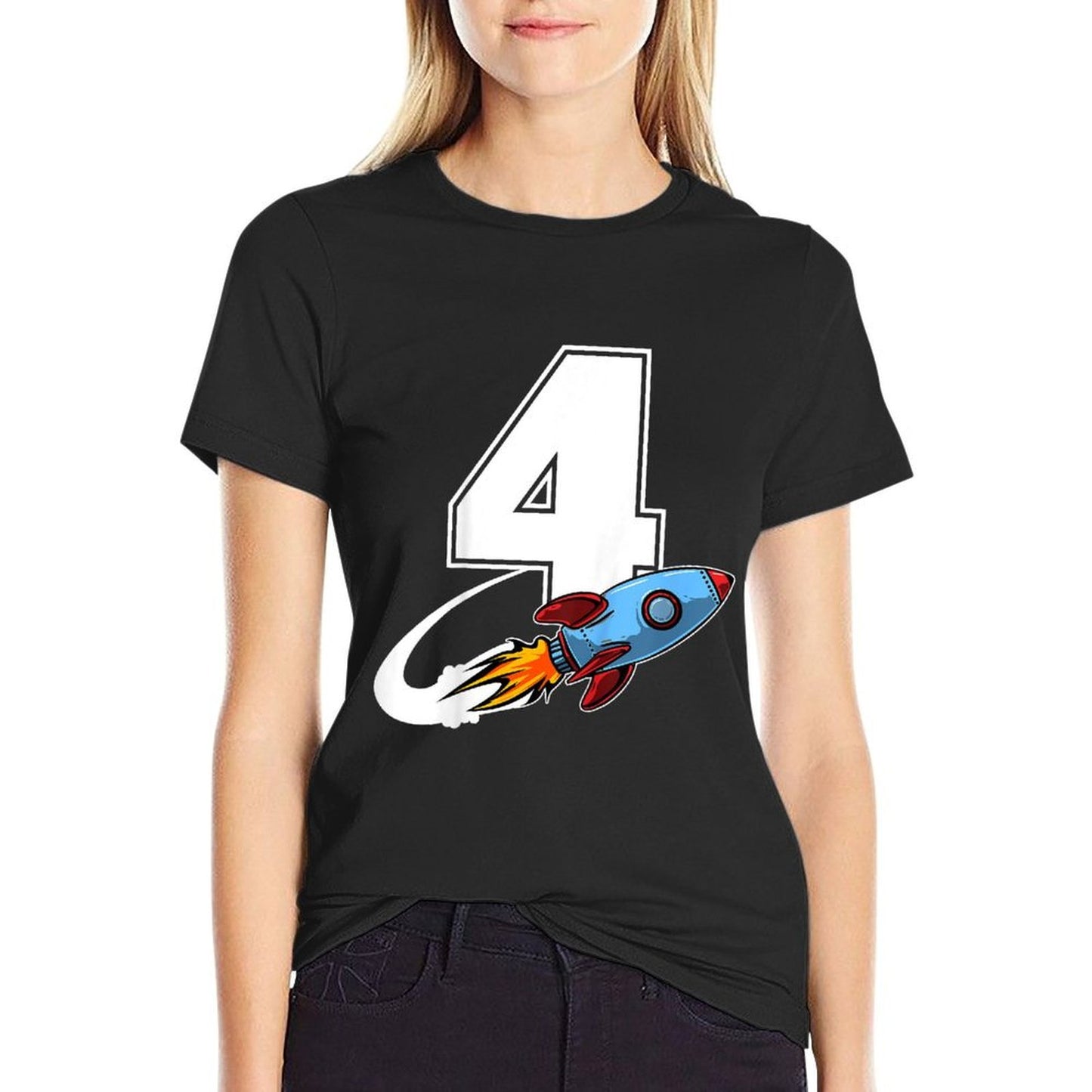 Kids Outer Space 4 Year Old 4th Birthday Four Rocket Ship Party  Rolled Sleeves T-Shirt