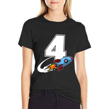 Kids Outer Space 4 Year Old 4th Birthday Four Rocket Ship Party  Rolled Sleeves T-Shirt