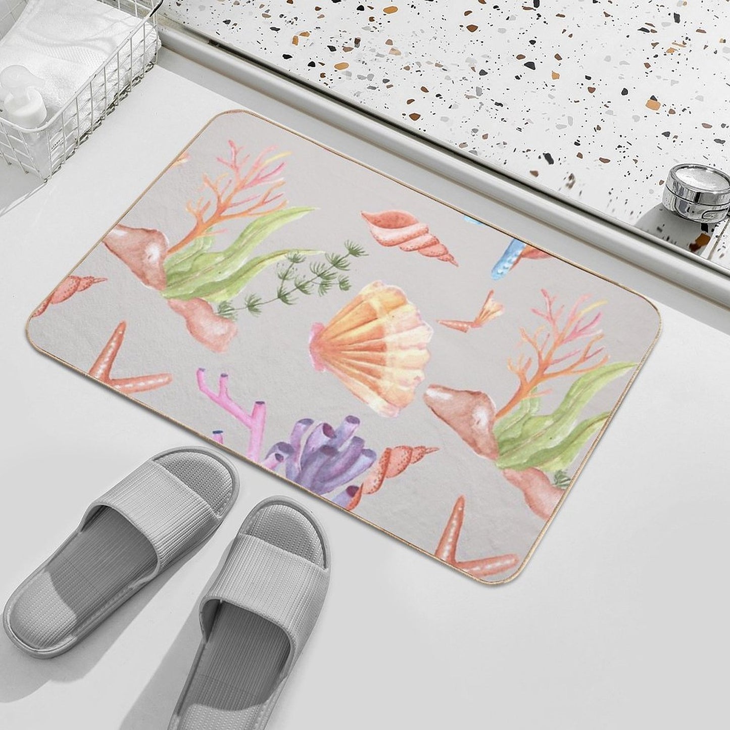 Watercolor Marine Life Pattern - Seashells, Starfish, And Coral Durable Bath Mat