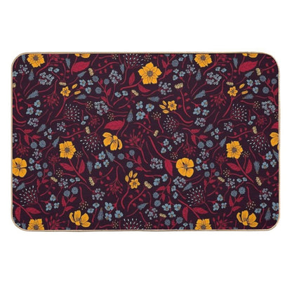 Mustard Yellow, Burgundy & Blue Floral Pattern  Easy Maintenance Bath Mat