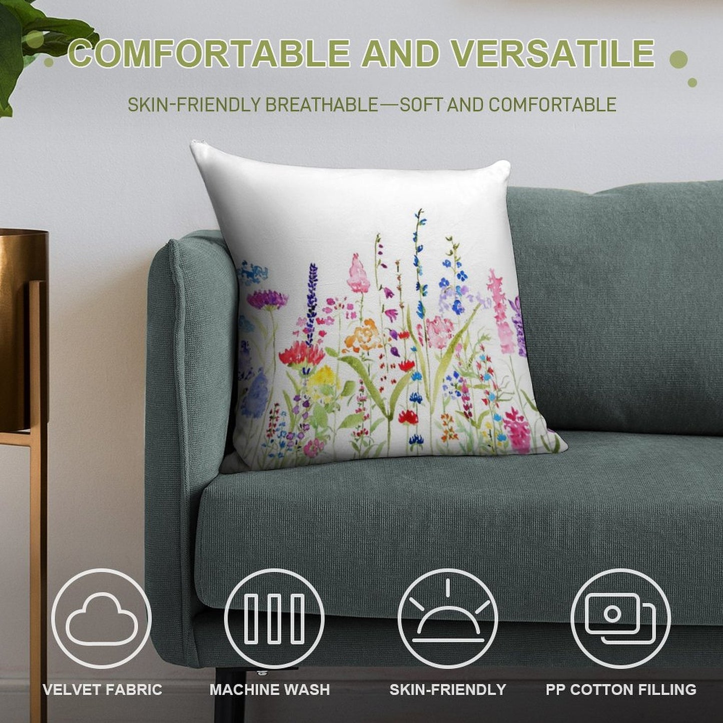 Hand Painted Colorful Wild Flower Field Soft Easy Maintenance Throw Pillow