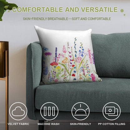 Hand Painted Colorful Wild Flower Field Soft Easy Maintenance Throw Pillow