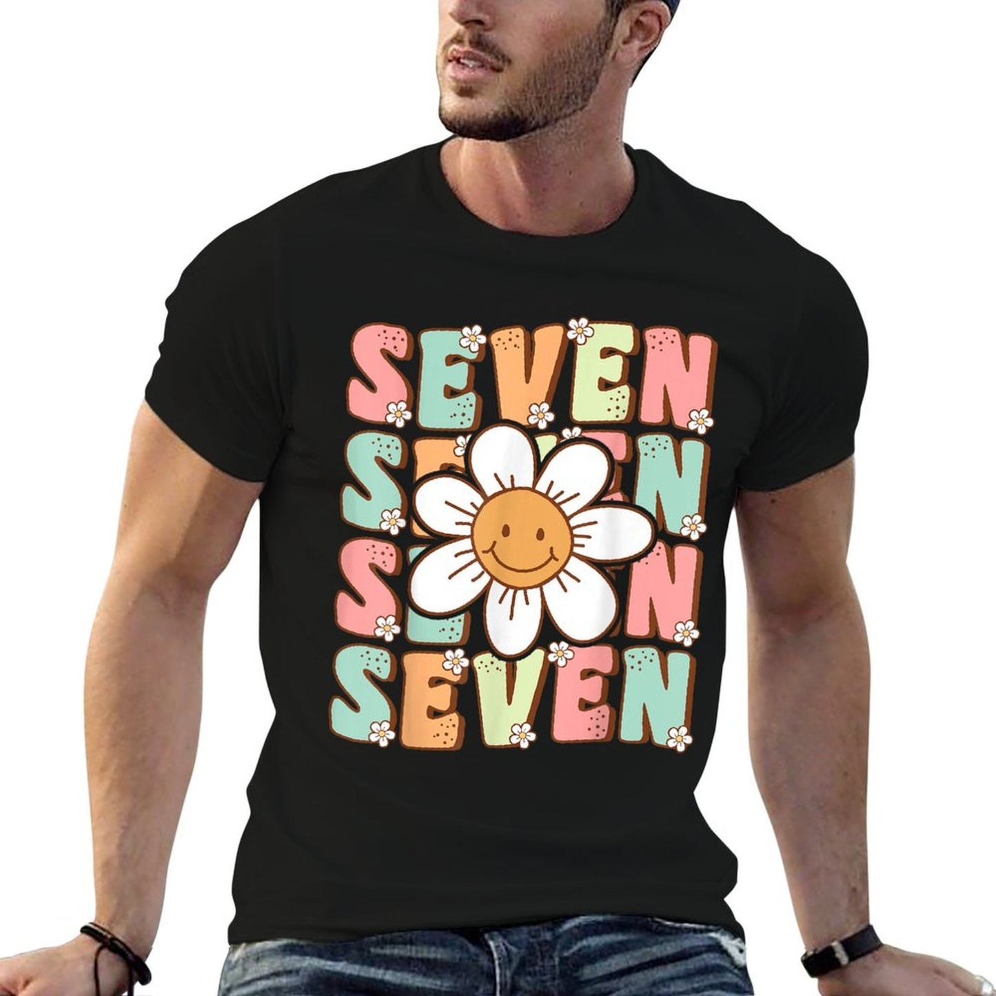 Cute Groovy 7th Birthday Party Daisy Flower Seven Year Old  Heathered Texture T-Shirt