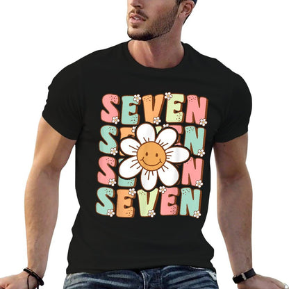Cute Groovy 7th Birthday Party Daisy Flower Seven Year Old  Heathered Texture T-Shirt