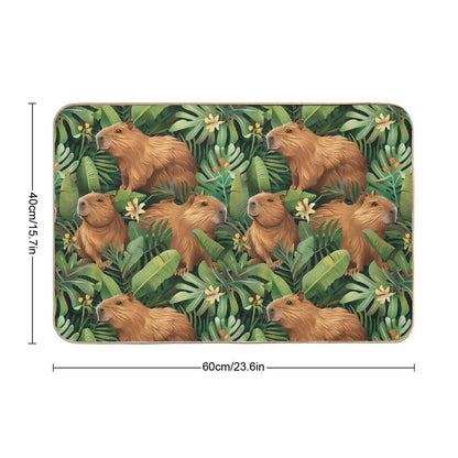 Cute Capybaras Frolic Amidst Lush Tropical Plants  Absorbent Bath Mat