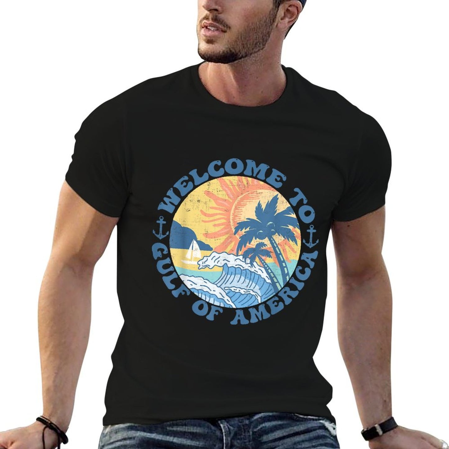 Retro Gulf Of USA America Est 2025 American Flag Gulf Mexico Easy-care T-Shirt