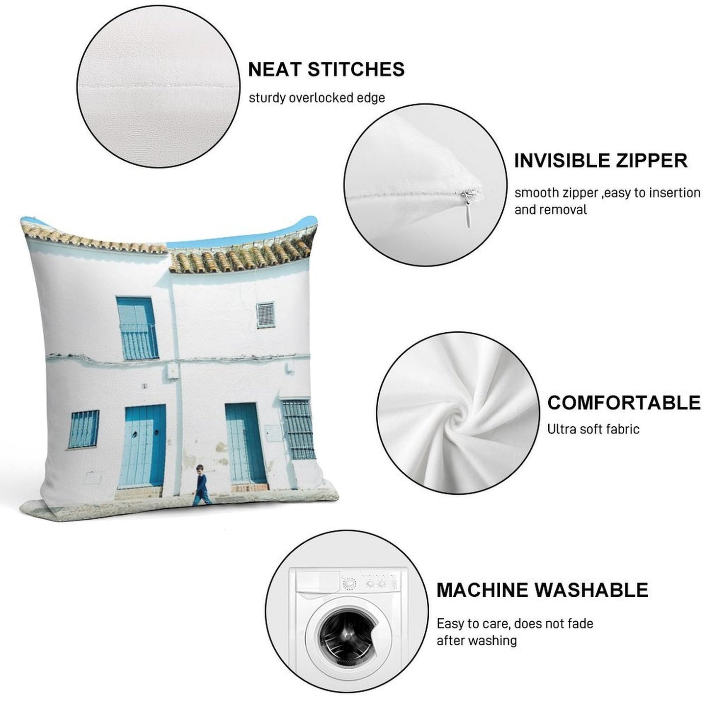 White And Blue Town Soft Washable Throw Pillow