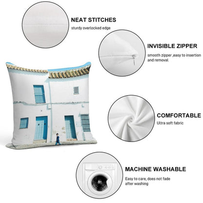 White And Blue Town Soft Washable Throw Pillow