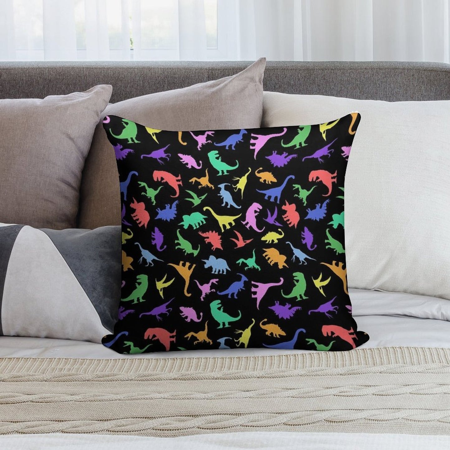 Fun Dinosaur Pattern (Black Background) Soft Durable Construction Throw Pillow