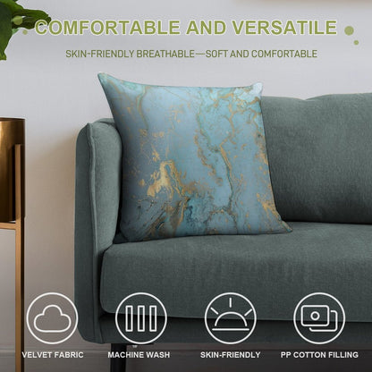 Marble Design - Gold Effect - Turquoise Blue, Teal Marbling Soft Ultra-Soft Texture Throw Pillow