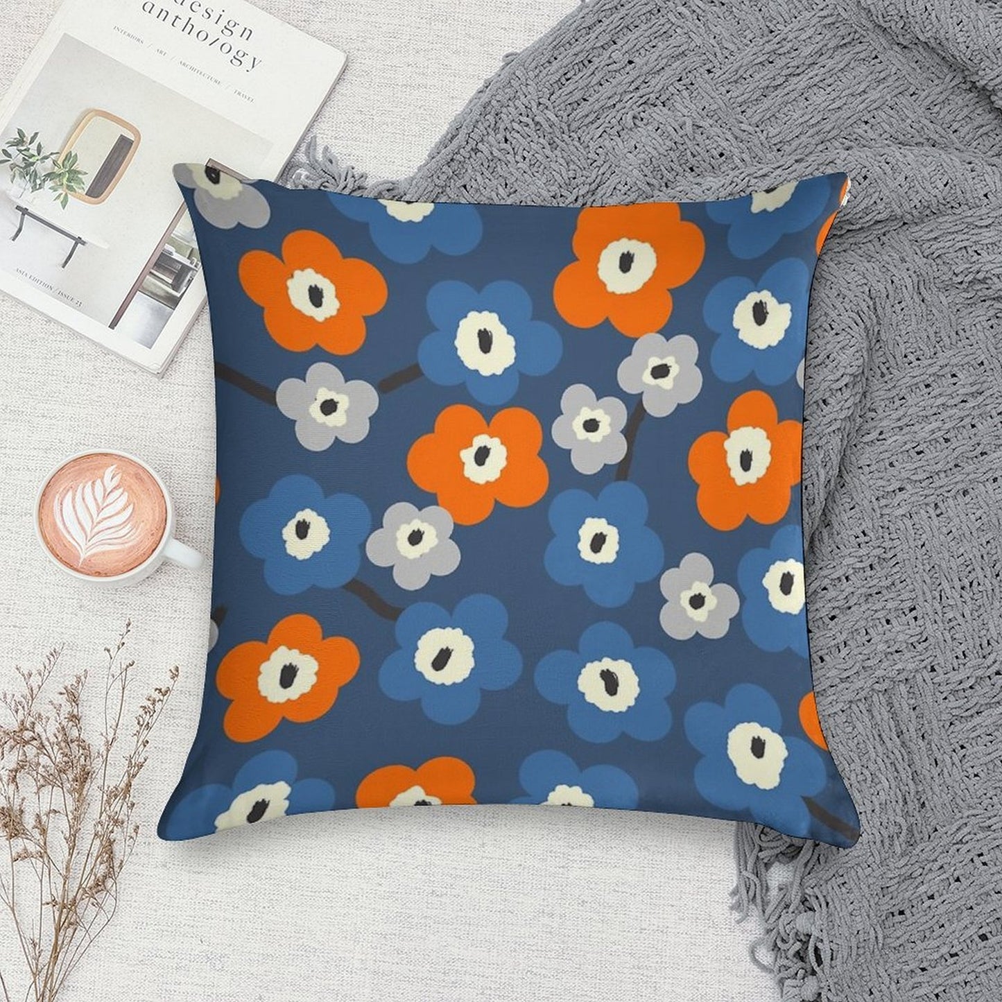 Iconic Modern Scandinavian Floral Pattern in Blue And Orange Soft Gift Ready Throw Pillow
