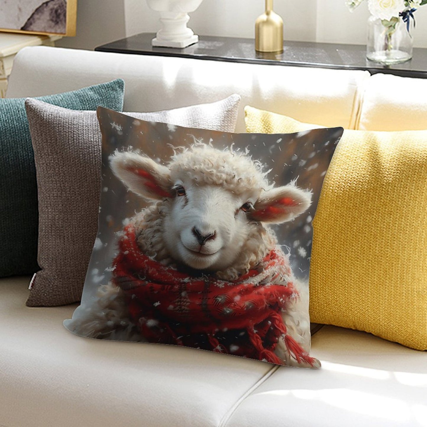 Sheep in The Snow with A Red Scarf Soft Hidden Zipper Throw Pillow