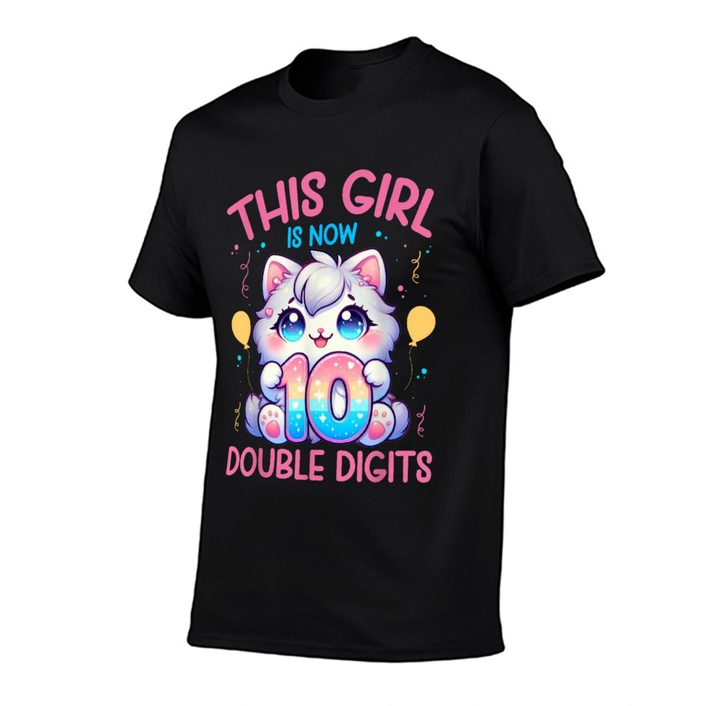 This Girl Is Now 10 Double Digits 10th Birthday Girls Cat  Durable T-Shirt