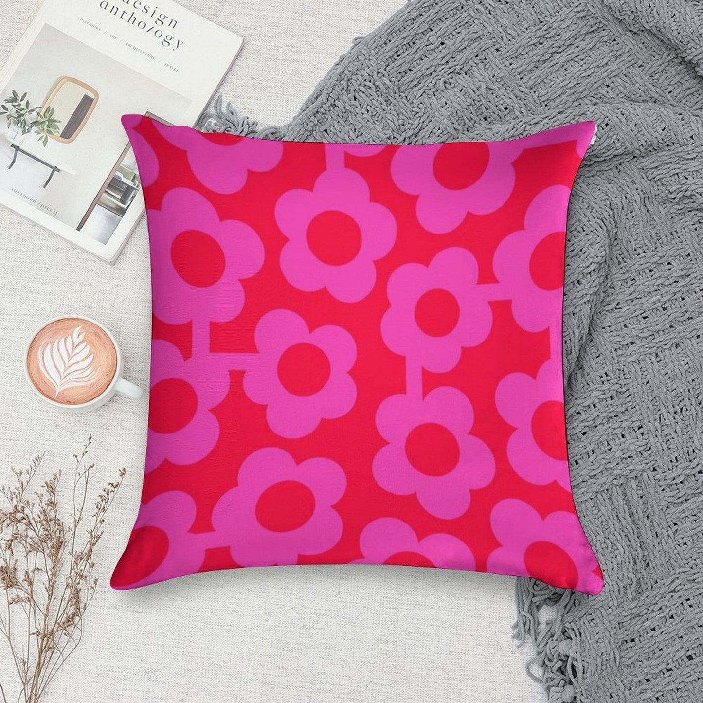 Iconic Retro Scandinavian Flowers in Pink And Neon Red Soft Short Plush Fabric Throw Pillow