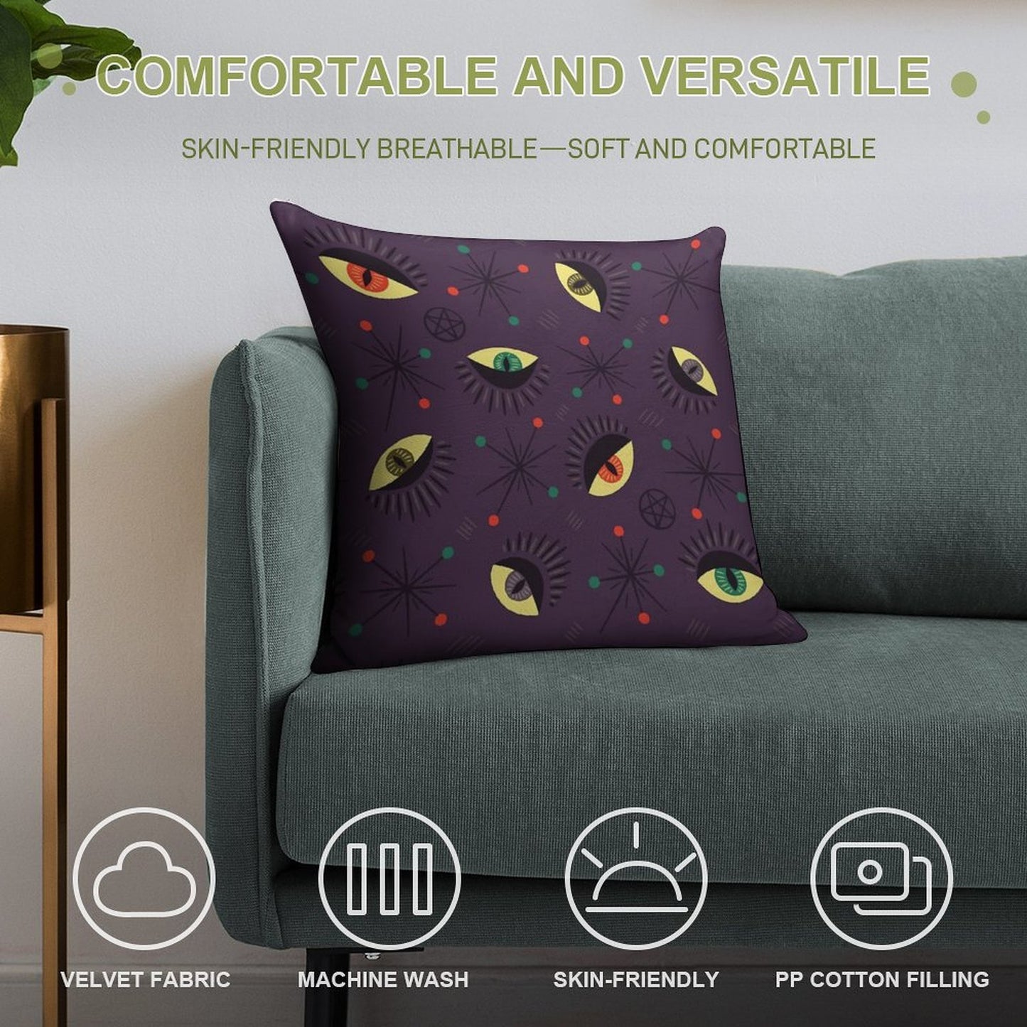 Reptile Witch Ghost Eyes Retro Pattern Soft Skin-Friendly Throw Pillow