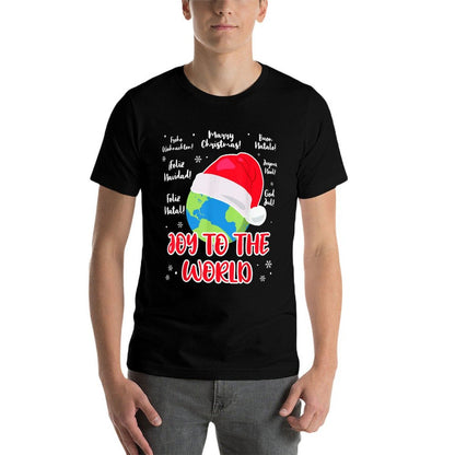 Merry Christmas Language Joy to The World Globe Cristmas  Graphic-printed T-Shirt