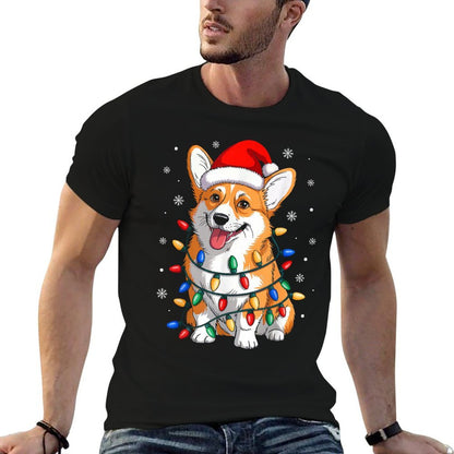 Corgi Dog Christmas Lights Santa Hat Family Xmas Pajamas  Stretchy T-Shirt