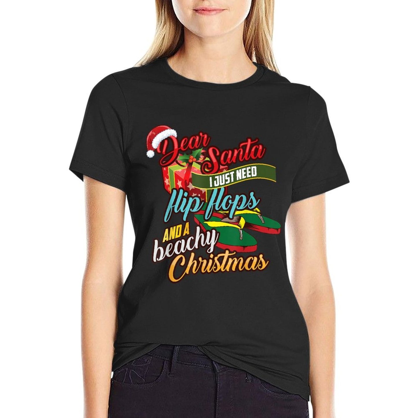 Dear Santa Just Need Flip Flops And A Beachy Christmas Gift for Men Women Kids  Rolled Sleeves T-Shirt