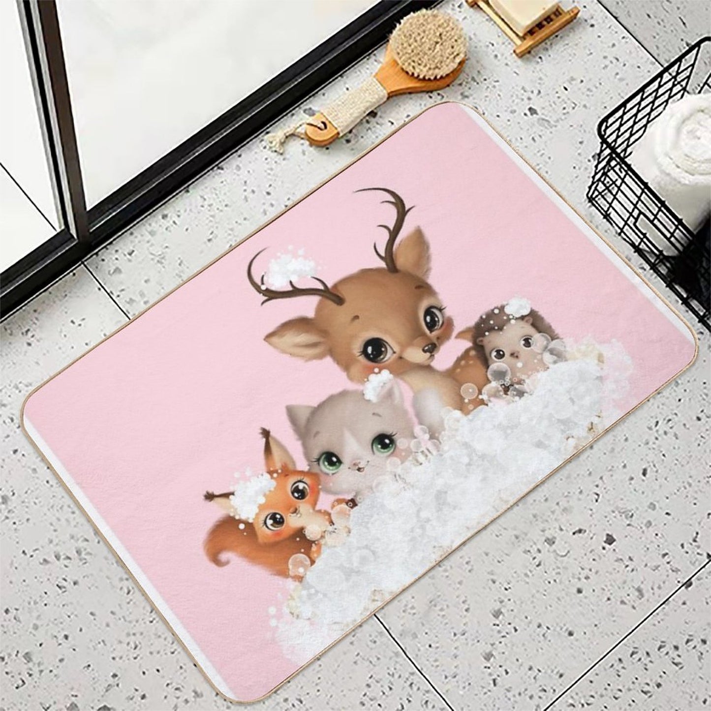Cute Baby Forest Animals in A Bathtub, Girls Bathroom Print, Forest Baby Animals Cartoon in Tub, Whimsy Animal, Kids Bathroom Ar  Versatile Bath Mat