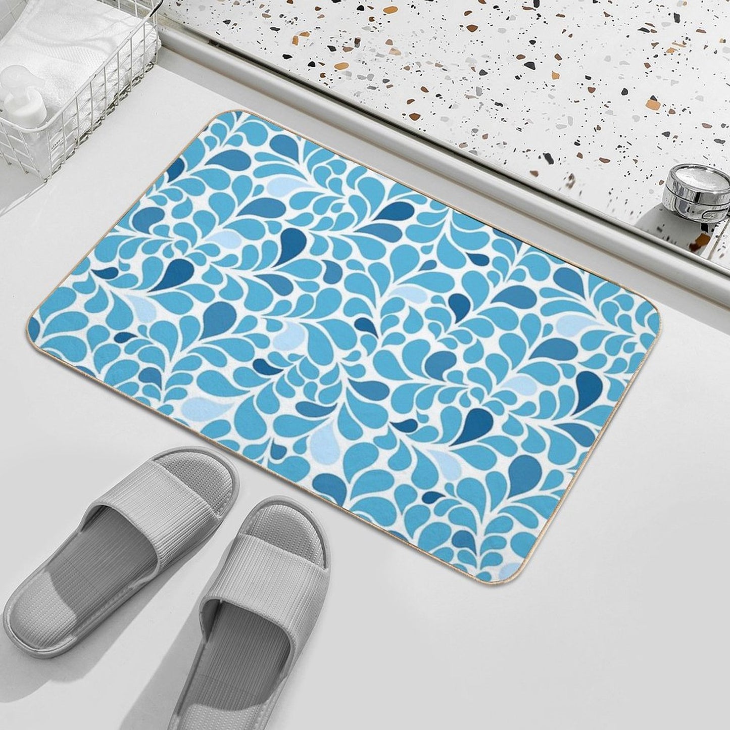 Water Drops Flourish Pattern, Ornamental Style Seamless Pattern,  Easy Maintenance Bath Mat