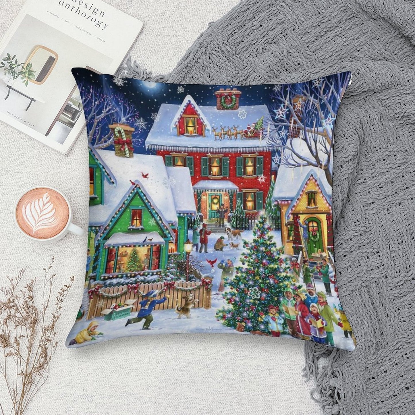 Colorful Winter Houses Soft Durable Construction Throw Pillow