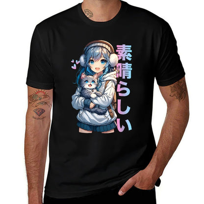 Cute Anime Girl with A Cat for Cat Lover Kawaii Otaku Manga  Versatile T-Shirt