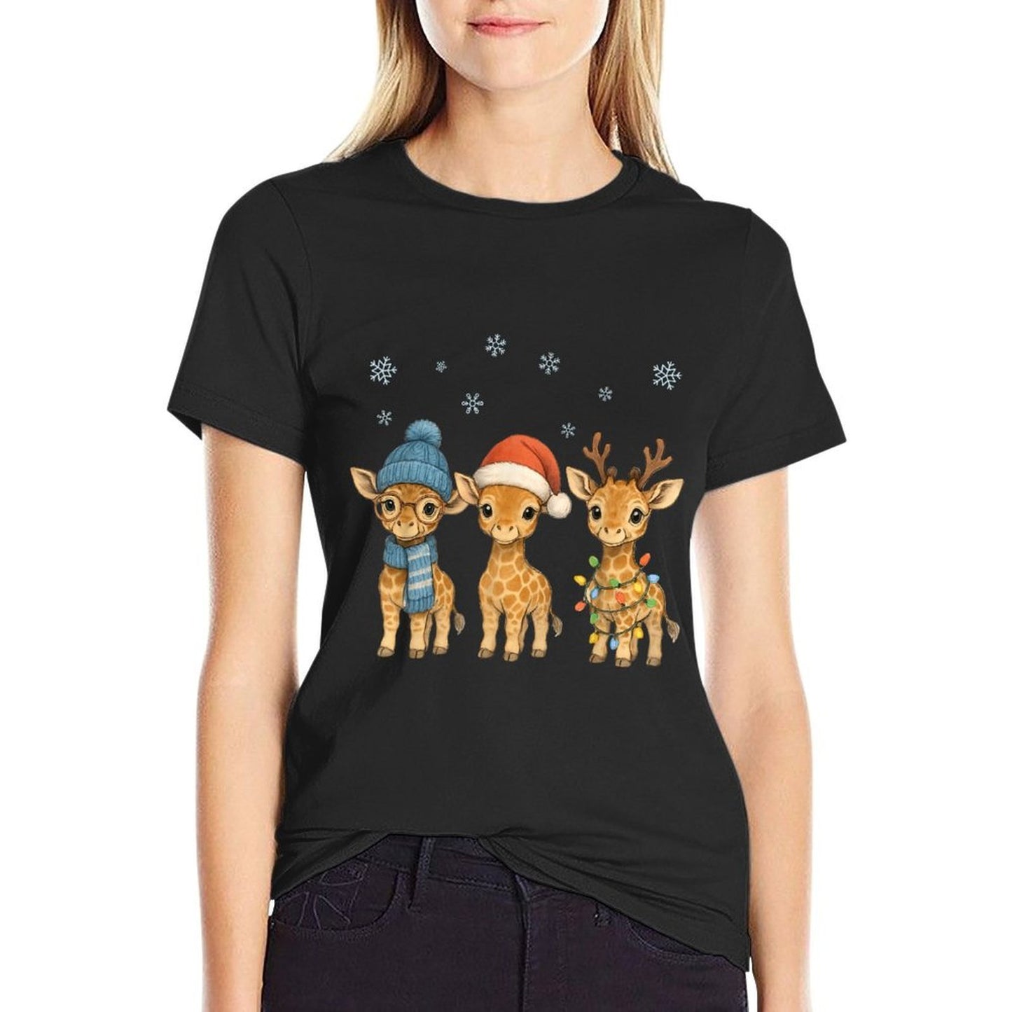 Baby Giraffe Christmas Lights Santa Hat Reindeer Women Kids  Graphic-printed T-Shirt