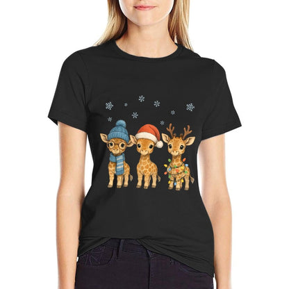 Baby Giraffe Christmas Lights Santa Hat Reindeer Women Kids  Graphic-printed T-Shirt