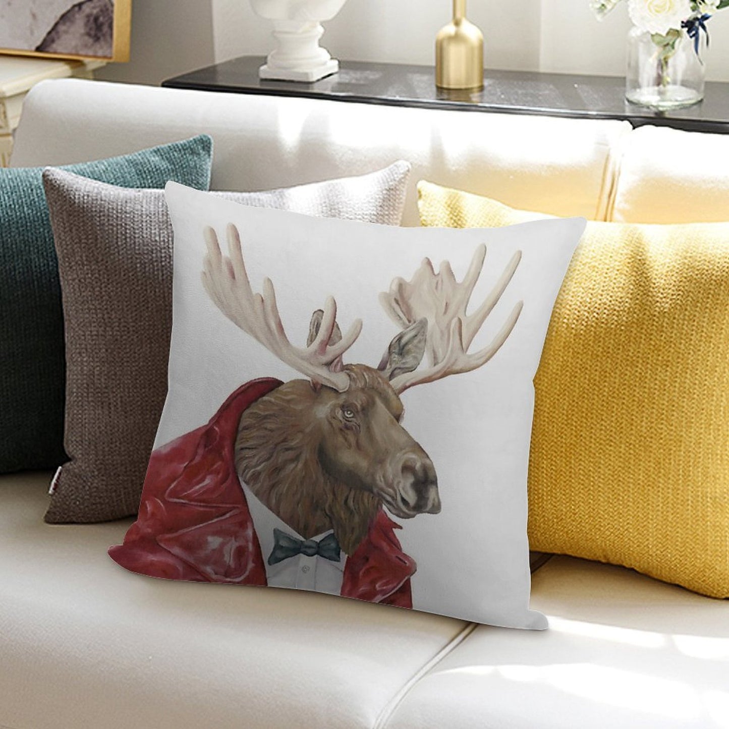 Moose in Leather Soft Durable Construction Throw Pillow