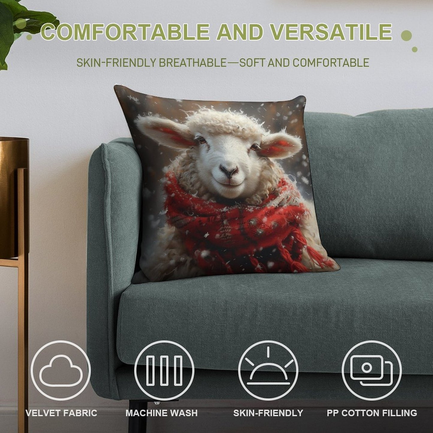 Sheep in The Snow with A Red Scarf Soft Hidden Zipper Throw Pillow