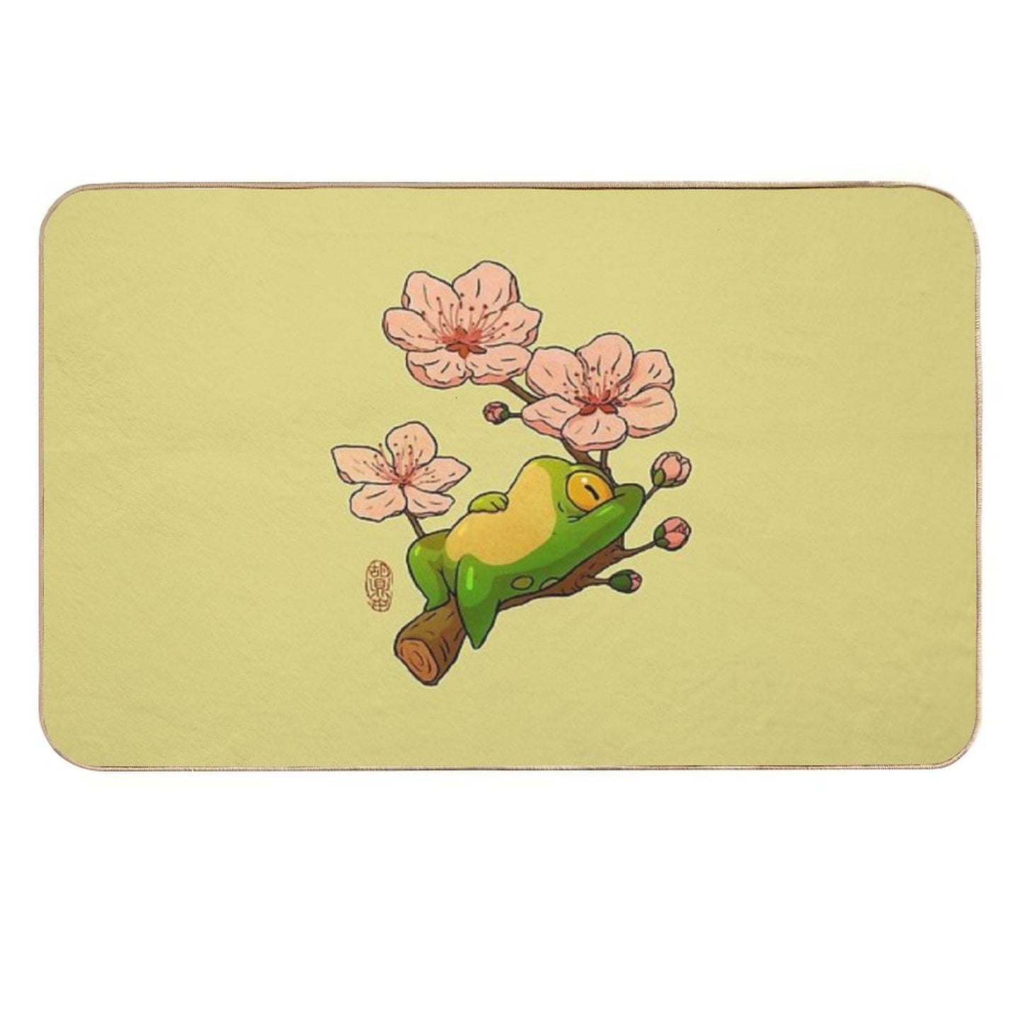Relaxing Frog on Branch with Cherry Blossoms – Cute Asian Style Frog Illustration  Rapid-Drying Bath Mat