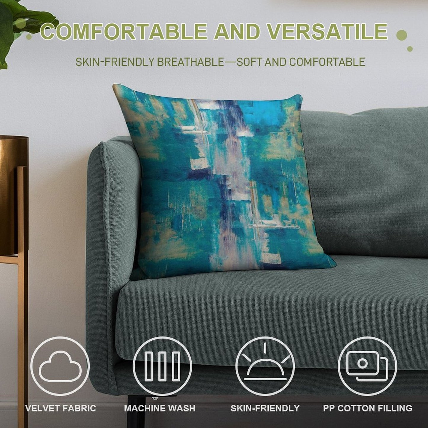 Teal And Gold, Blue Abstract Paint Modern Soft Ultra-Soft Texture Throw Pillow