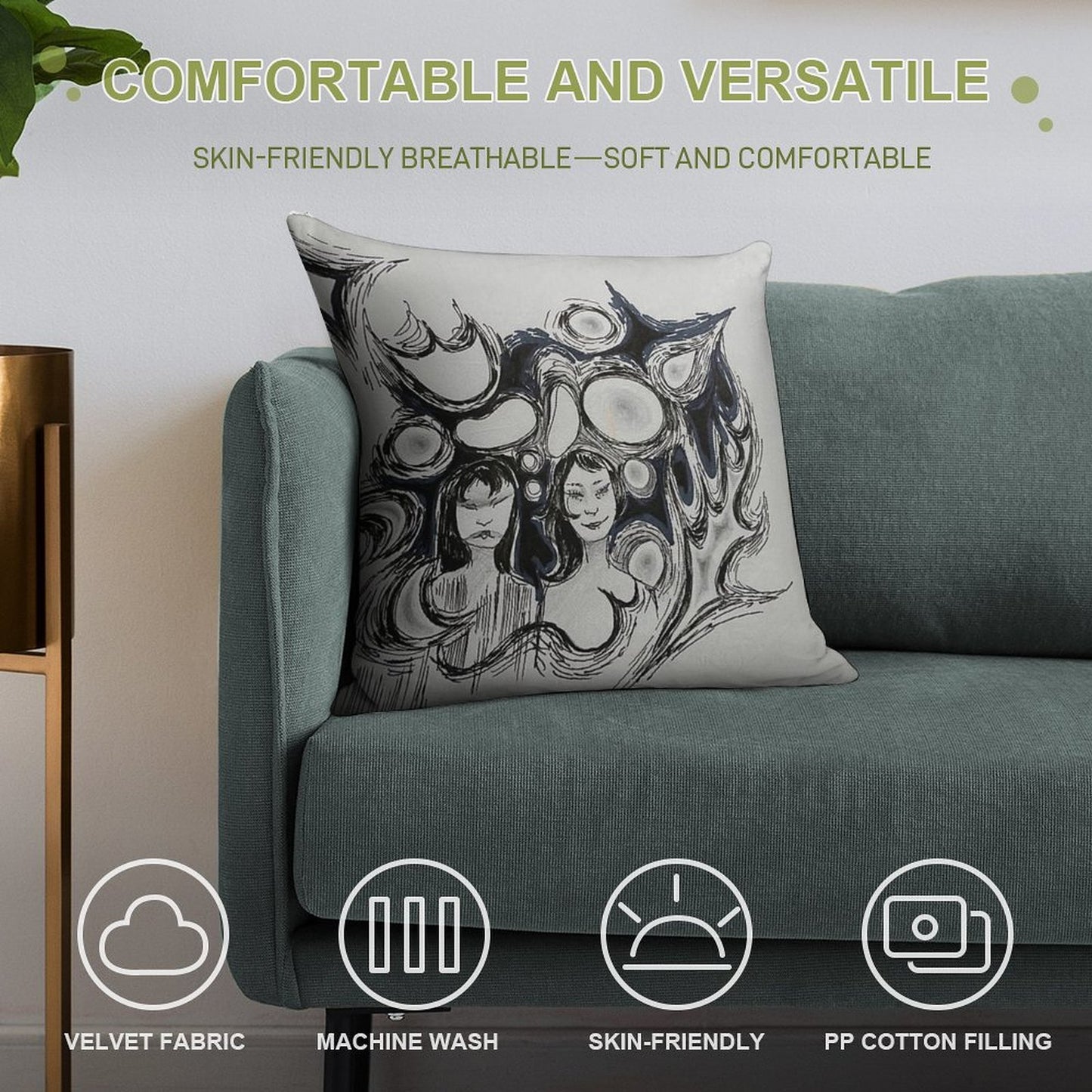 Spooky Girls Design Soft Washable Throw Pillow