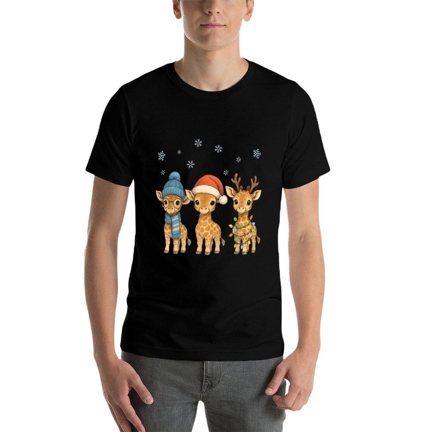 Baby Giraffe Christmas Lights Santa Hat Reindeer Women Kids  Graphic-printed T-Shirt