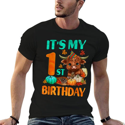 Its My 1st Birthday Boy 1 Yrs Old Highland Cow Print  Trendy Pattern T-Shirt