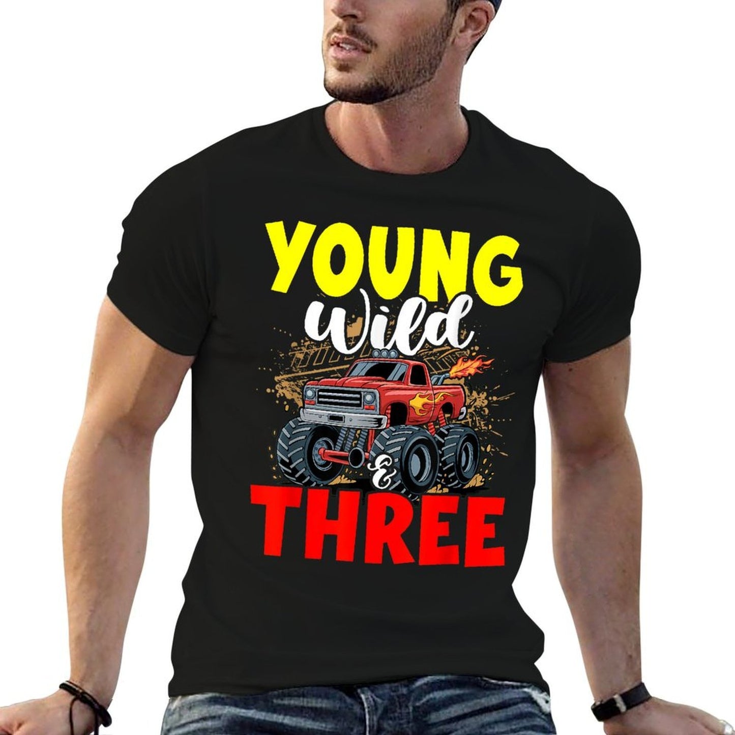 Kids Young Wild Three 3rd Birthday Boy Monster Truck 3 Years  Vintage-inspired T-Shirt