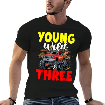 Kids Young Wild Three 3rd Birthday Boy Monster Truck 3 Years  Vintage-inspired T-Shirt