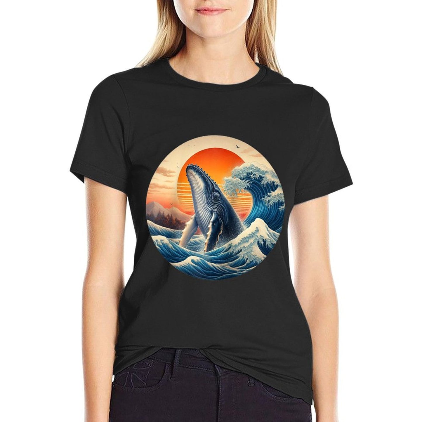 Sunset Humpback Whale Wave - Ocean, Sky Raglan Baseball  Cotton T-Shirt