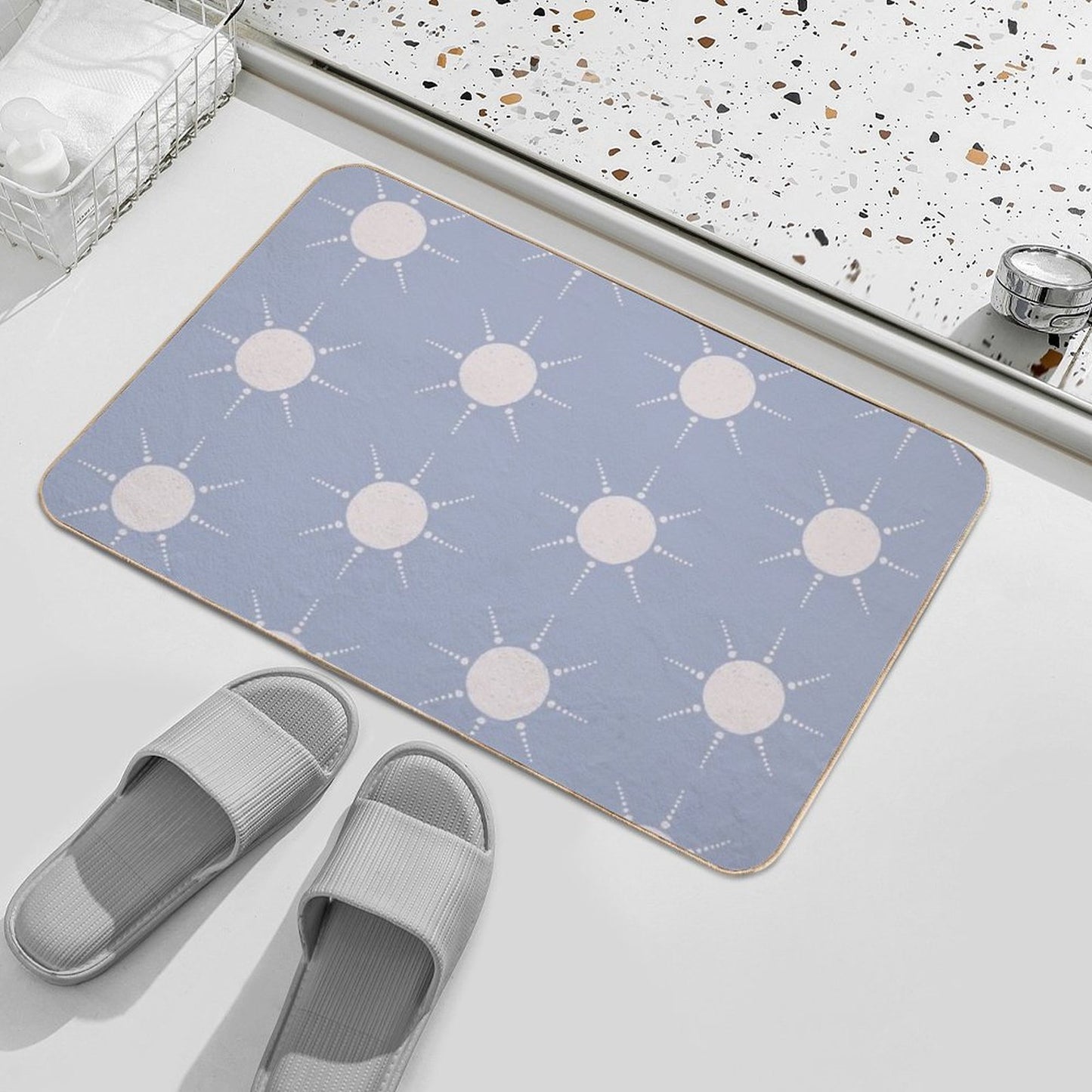 Pretty Polka Dots Sun Pattern Boho Aesthetic In Muted Colors Pigeon Blue  Long-Lasting Bath Mat